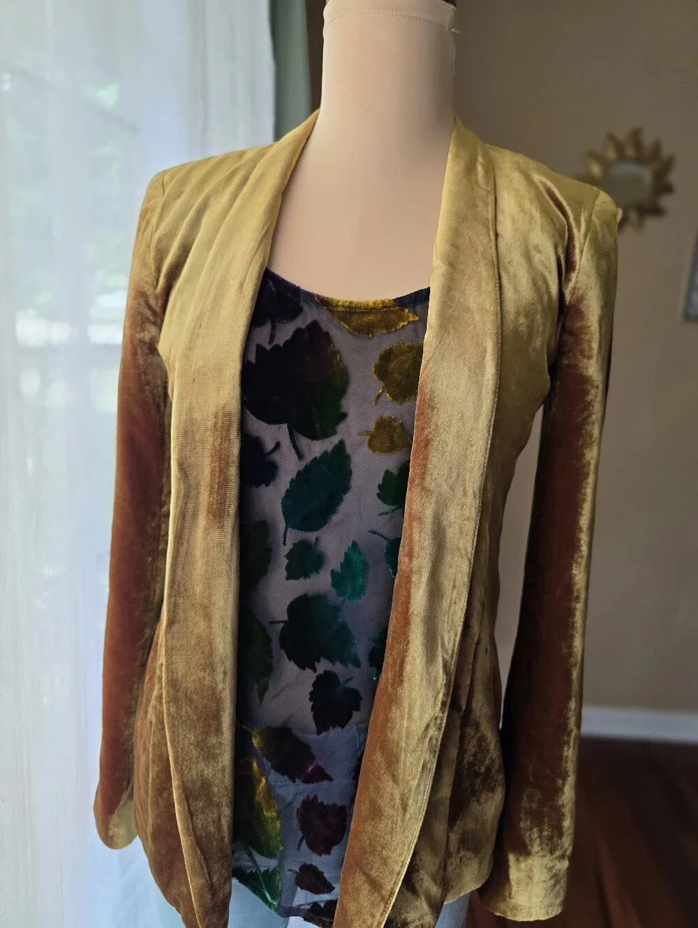 Vintage Burnout Velvet Blouse Tank Set Sheer Jewel Tone Leaves Whimsigoth Large